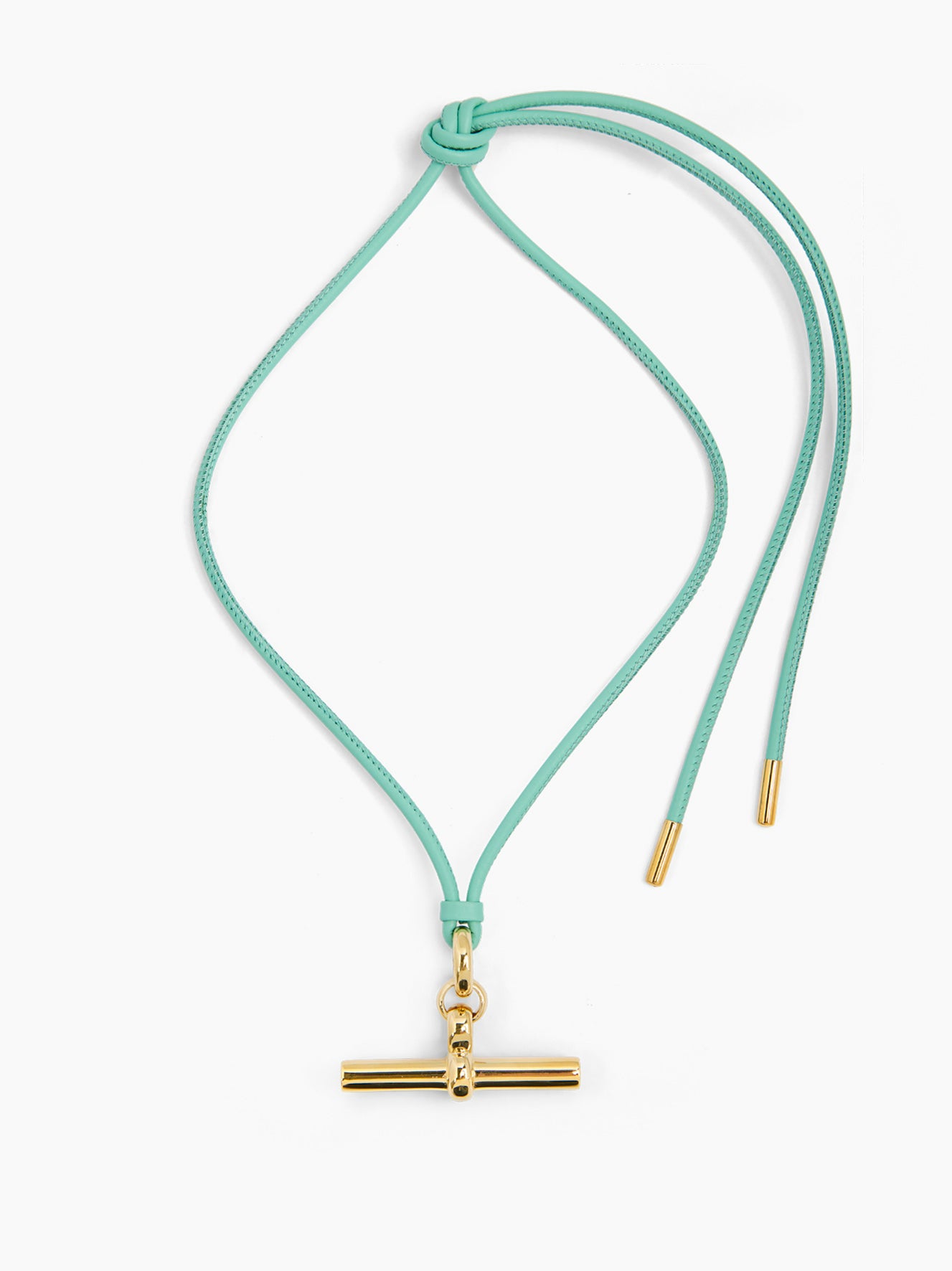 Giant Gold T-Bar on Aquamarine Leather Necklace
