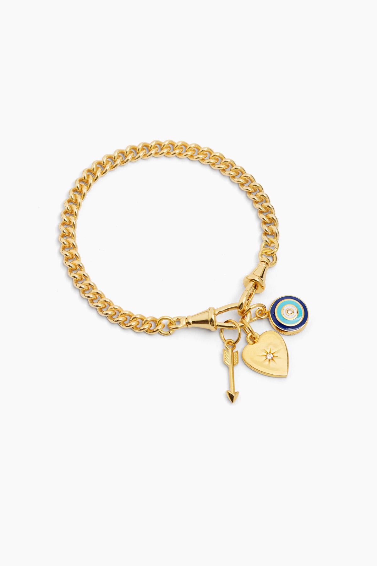 Gold chain charm bracelet with blue eye, key, and heart charms