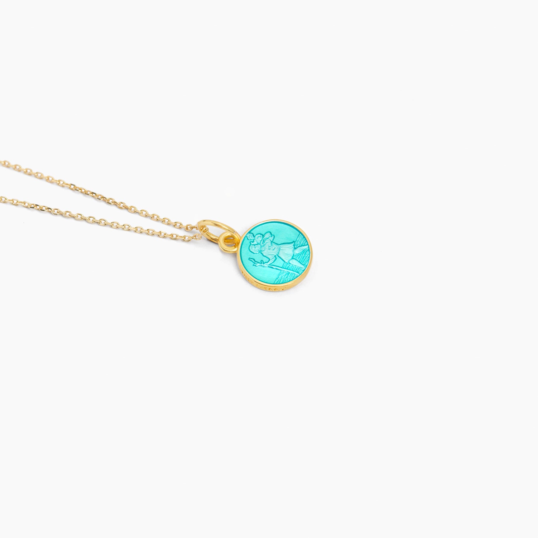 Gold-tone trace chain necklace with round turquoise Saint Christopher medallion