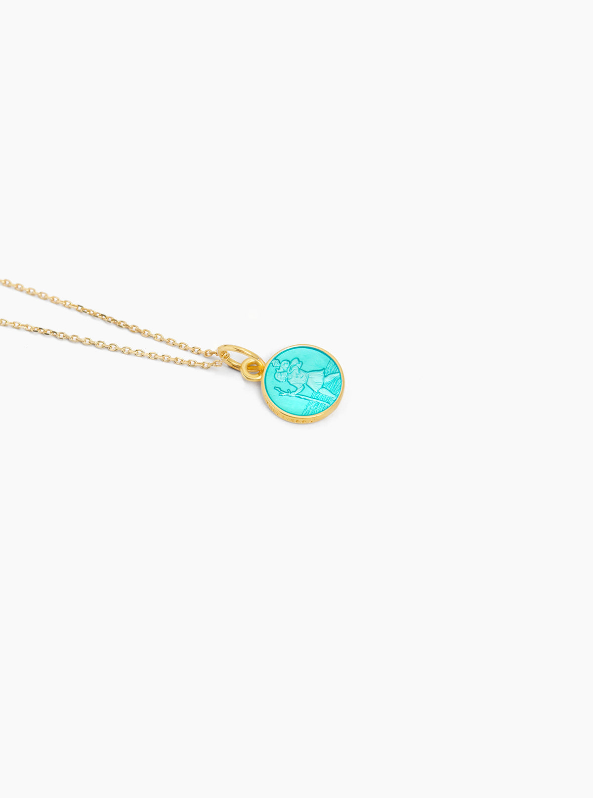 Gold-tone trace chain necklace with round turquoise Saint Christopher medallion