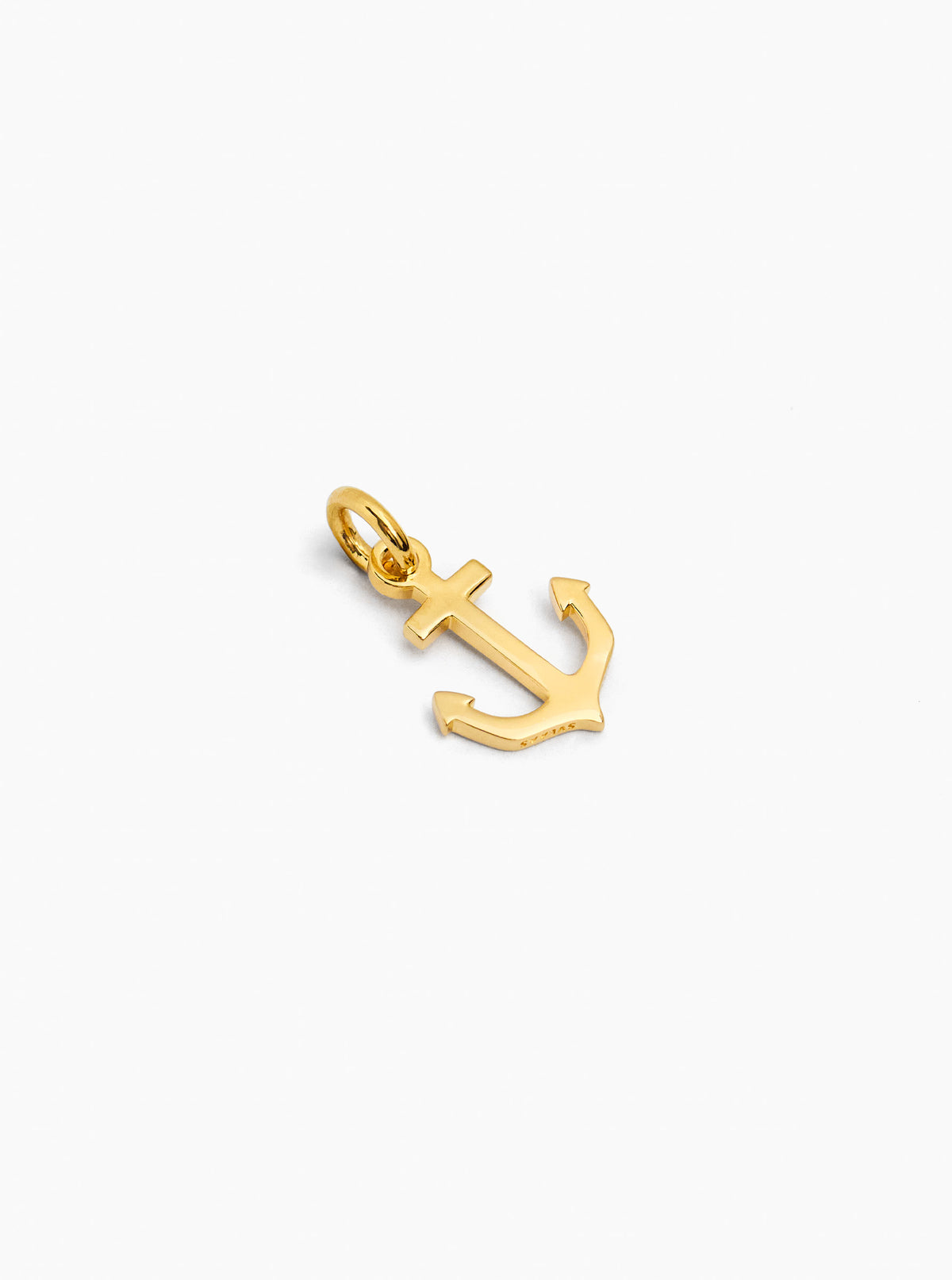 Gold anchor charm pendant with ring bail, side view