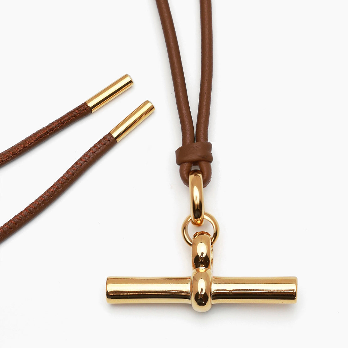 Giant Gold T-Bar on Dark Brown Leather Necklace