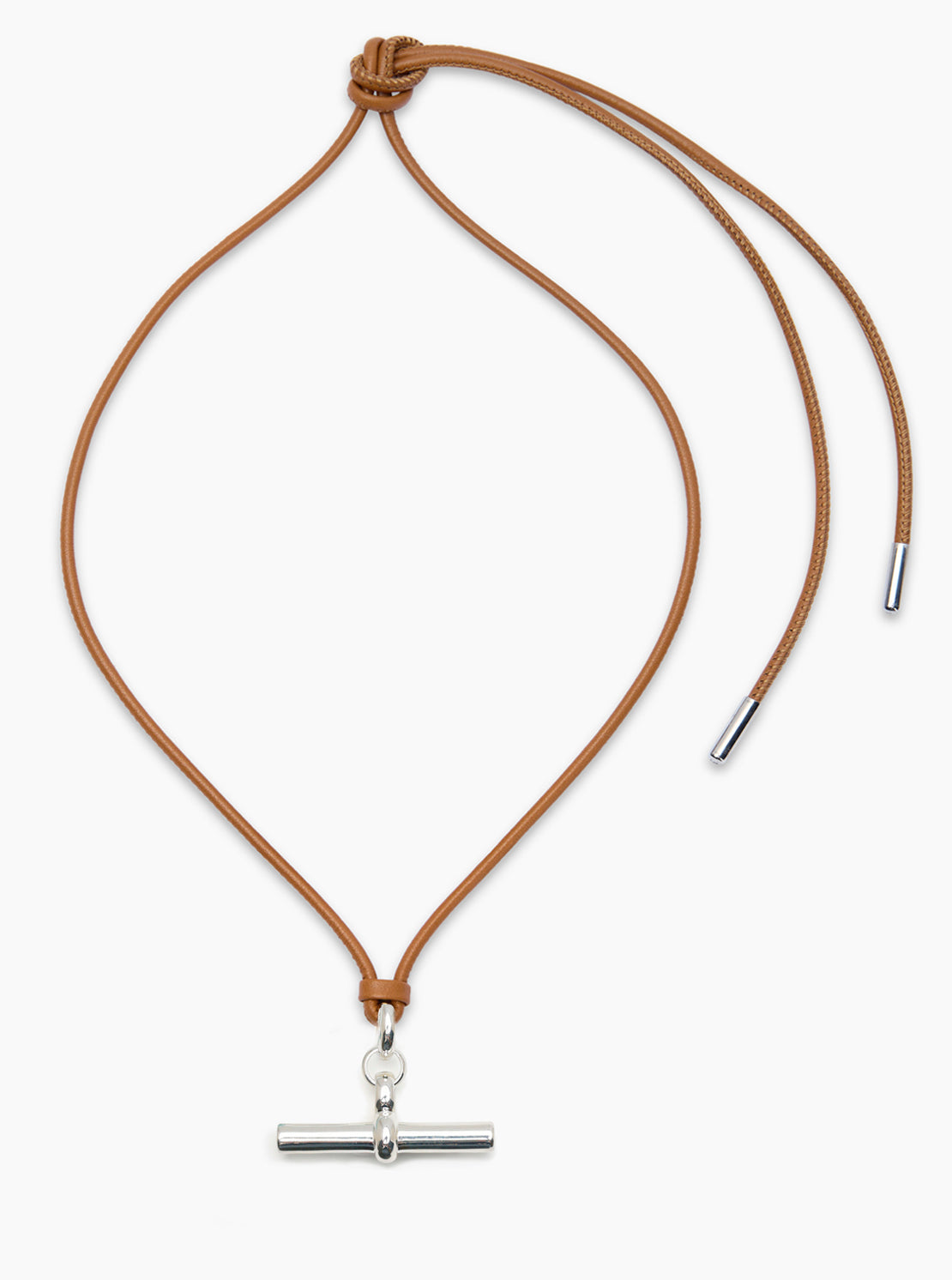 Giant Silver T-Bar on Tan Leather Necklace