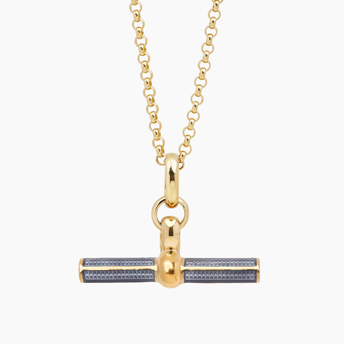 Gold T-bar necklace pendant with grey enamel center on chunky chain