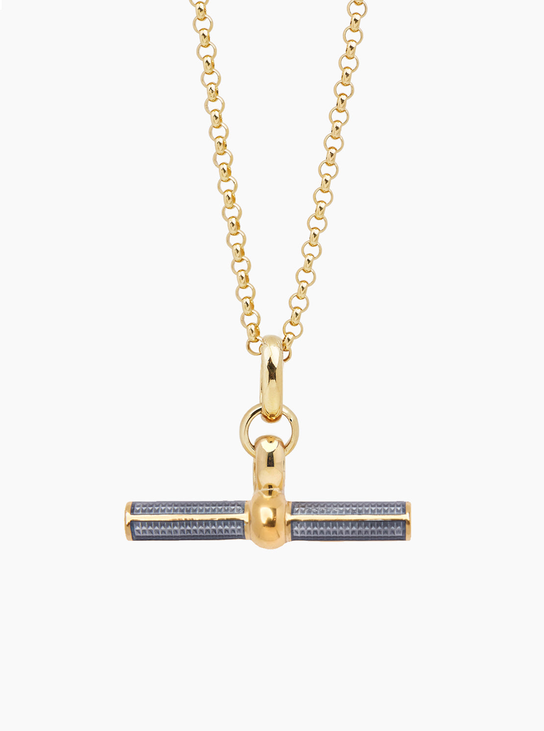 Gold T-bar necklace pendant with grey enamel center on chunky chain