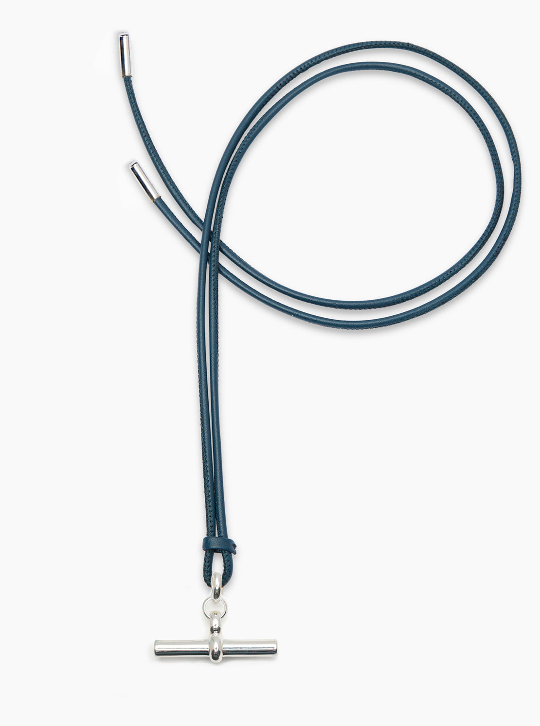 Giant Silver T-Bar on Navy Leather Necklace