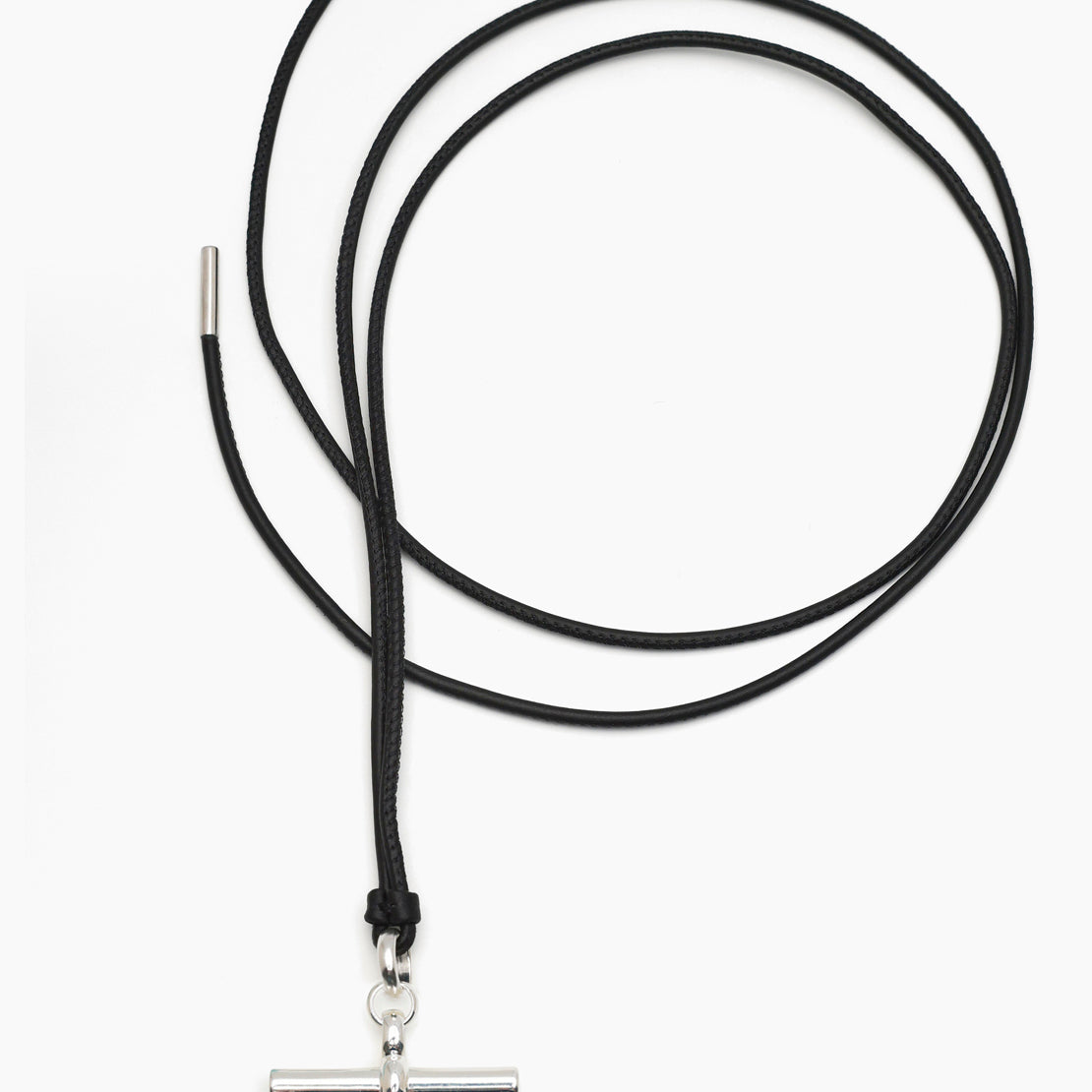 Giant Silver T-Bar on Noir Leather Necklace