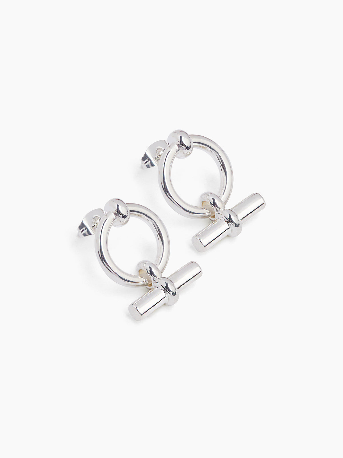 Pair of mini T-bar eternity stud earrings in silver, circular hoops with bow-like bar