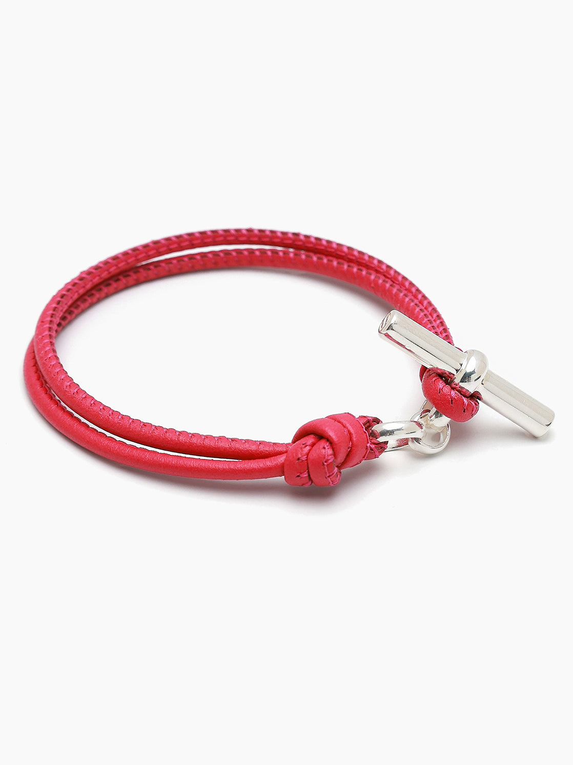 Pink leather T-bar bracelet with silver clasp and twisted knot closure