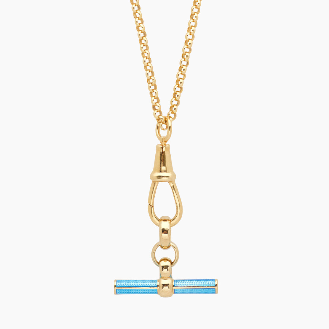 Aquamarine Enamelled Gold T-bar on Belcher Clipt Necklace
