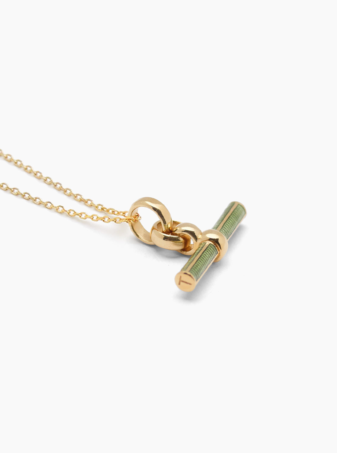 Olive Enamelled Small Gold T-bar on Trace Chain