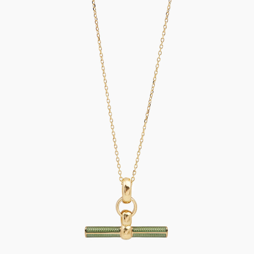 Olive Enamelled Small Gold T-bar on Trace Chain
