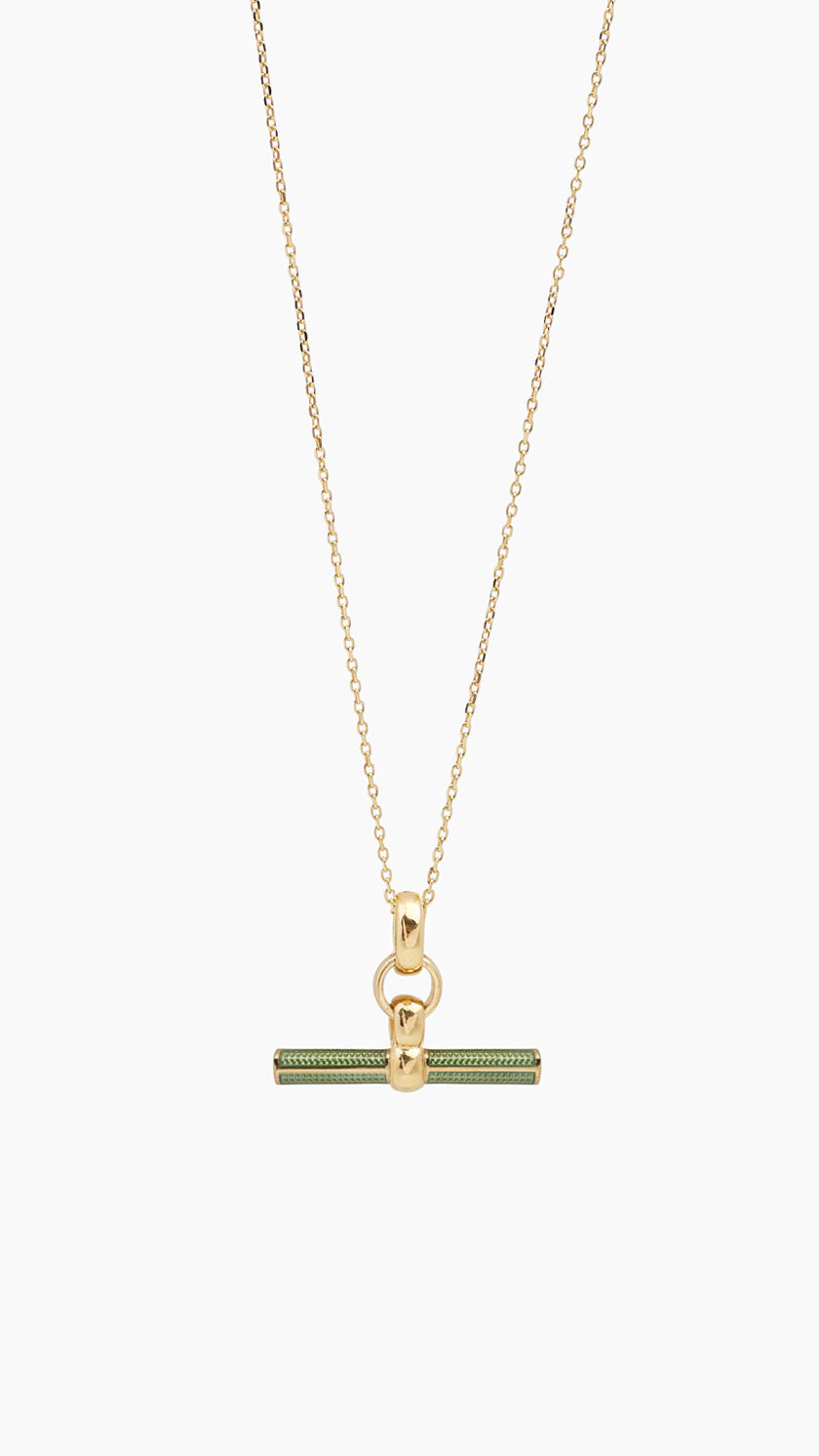 Olive Enamelled Small Gold T-bar on Trace Chain