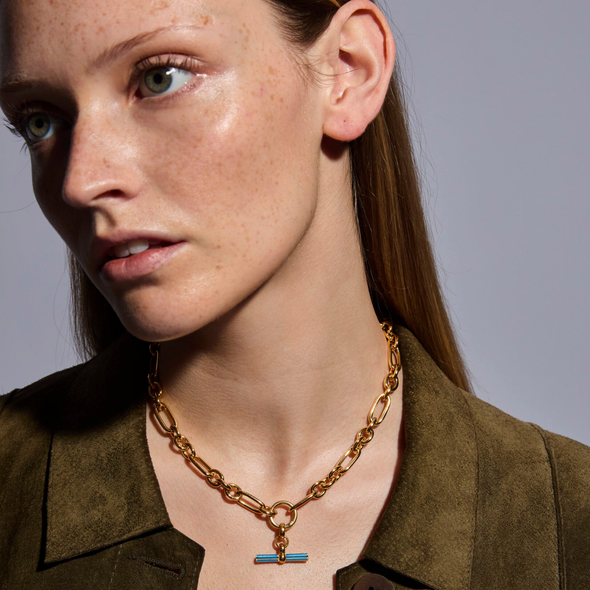 Aquamarine Enamelled Small Gold T-bar on Clipt Watch Chain Necklace