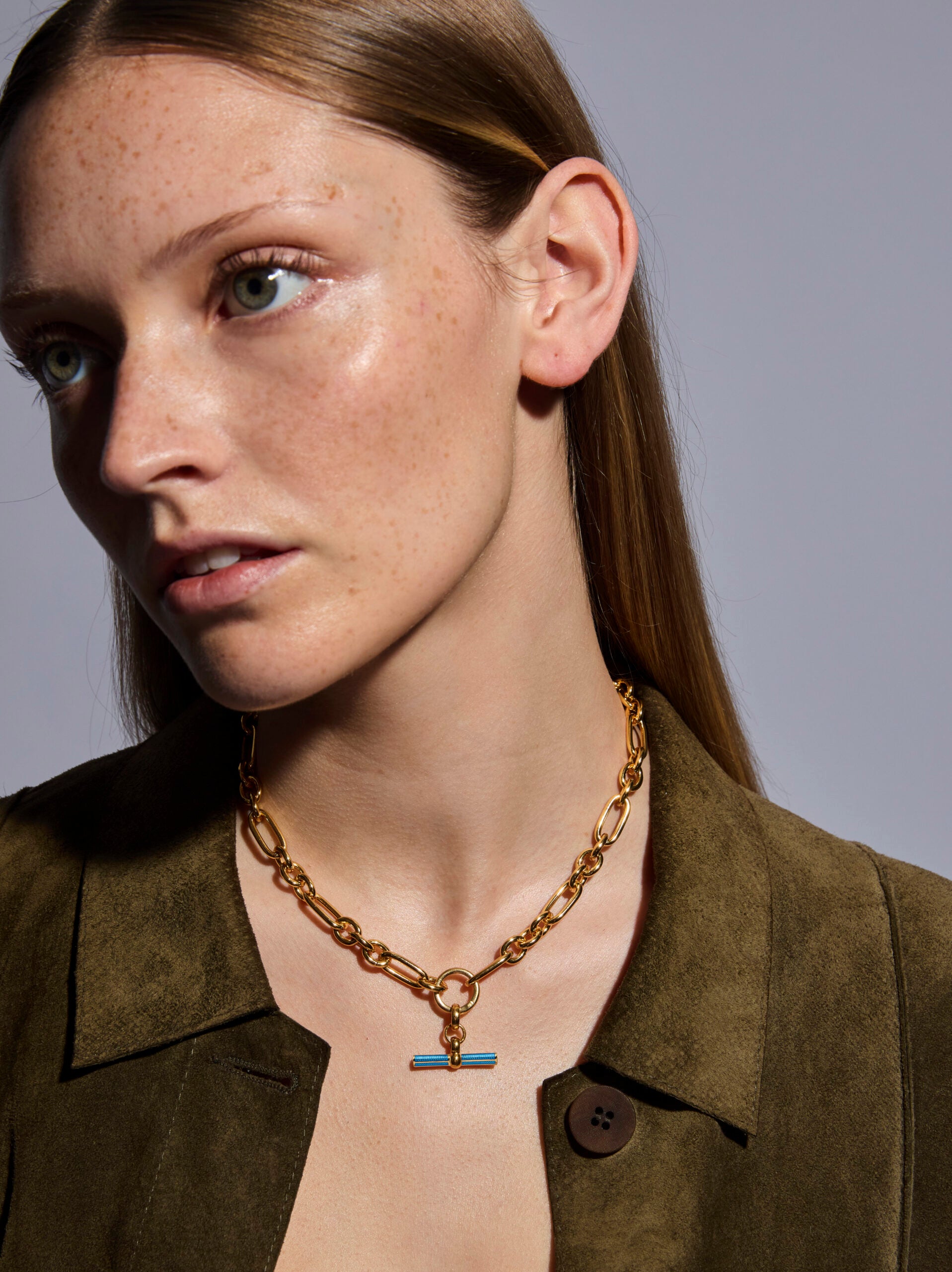 Aquamarine Enamelled Small Gold T-bar on Clipt Watch Chain Necklace