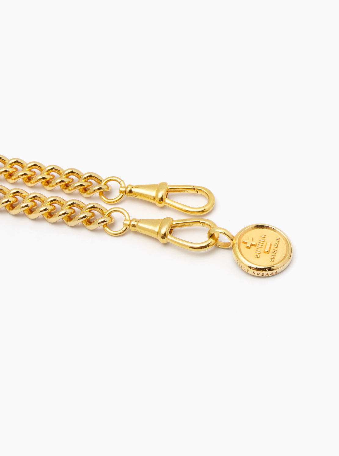 Large Gold Que Demain Disc on Large Curb Clipt Necklace