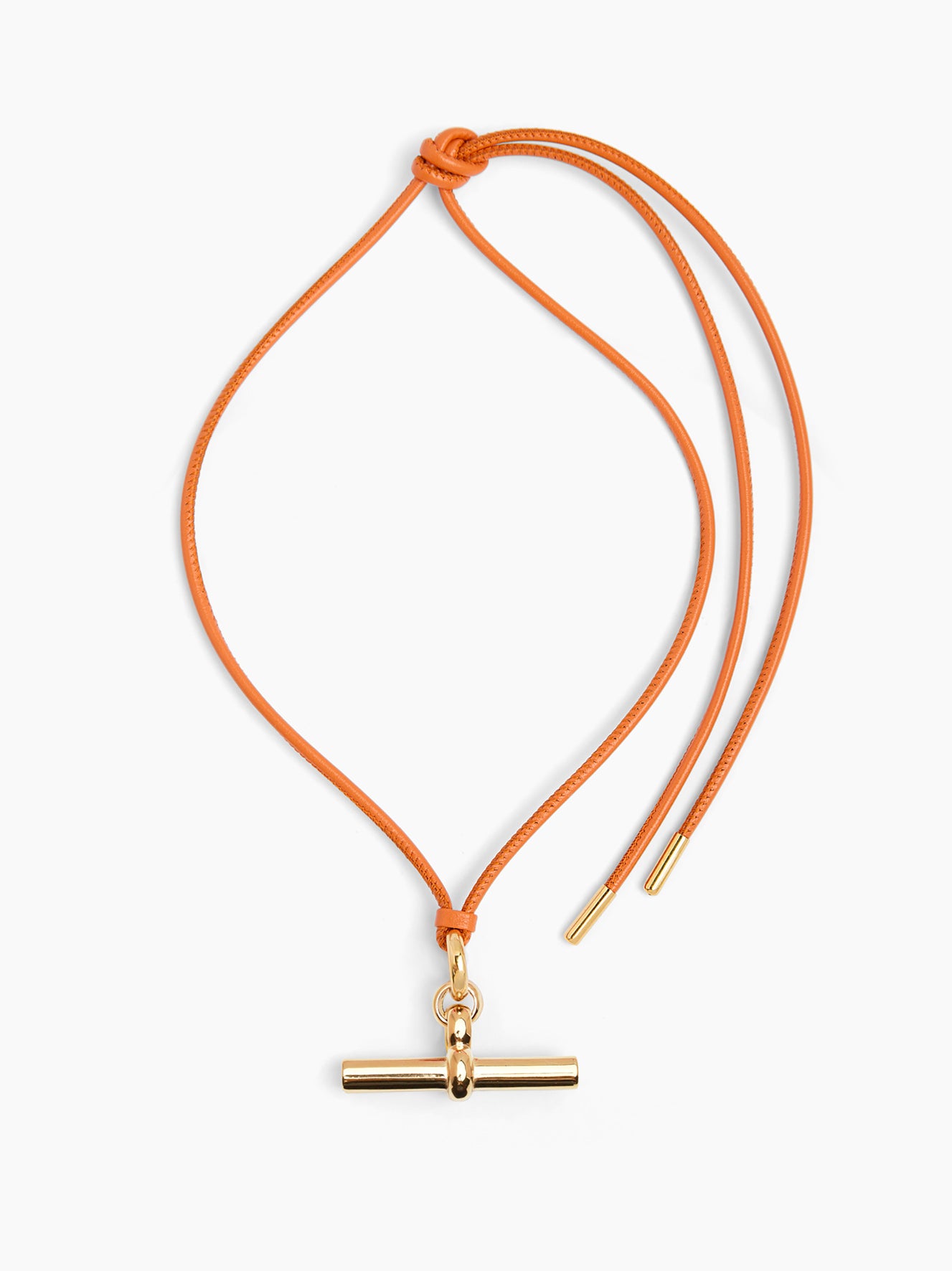 Orange leather cord necklace with gold T-bar pendant and long cord tails