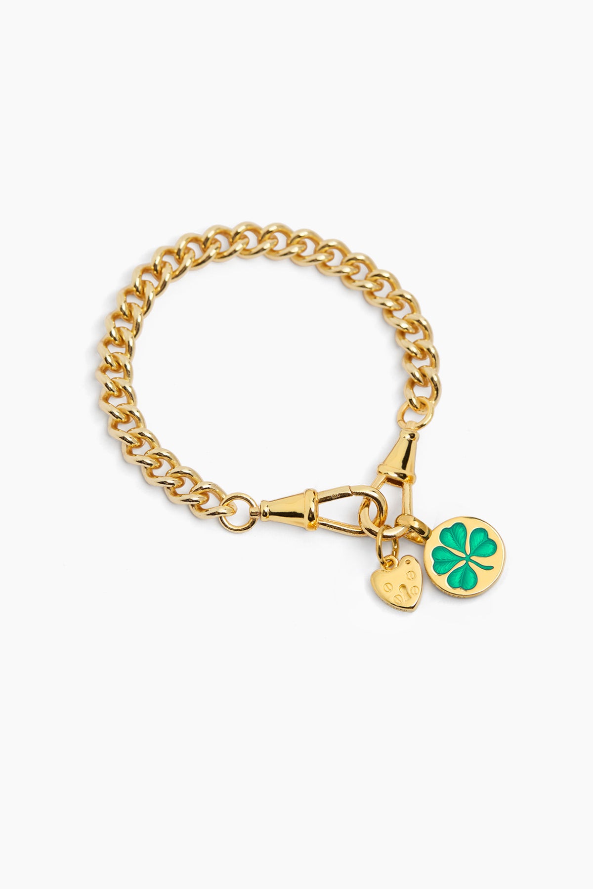 Gold-tone charm bracelet with green clover, heart padlock and small toggle clasp