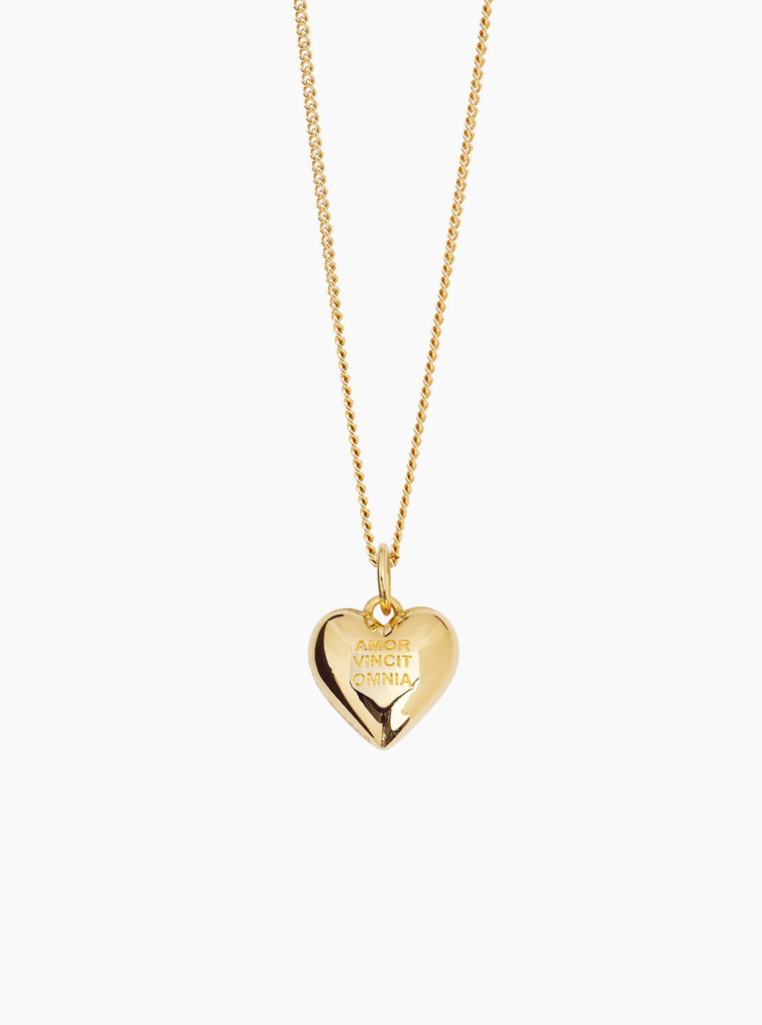 Gold heart charm pendant necklace on fine curb chain with engraved text, centered