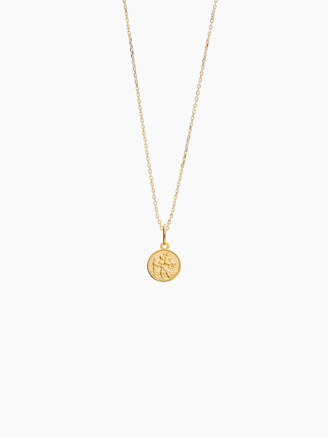 Gold trace chain necklace with round St Christopher charm pendant centered on chain