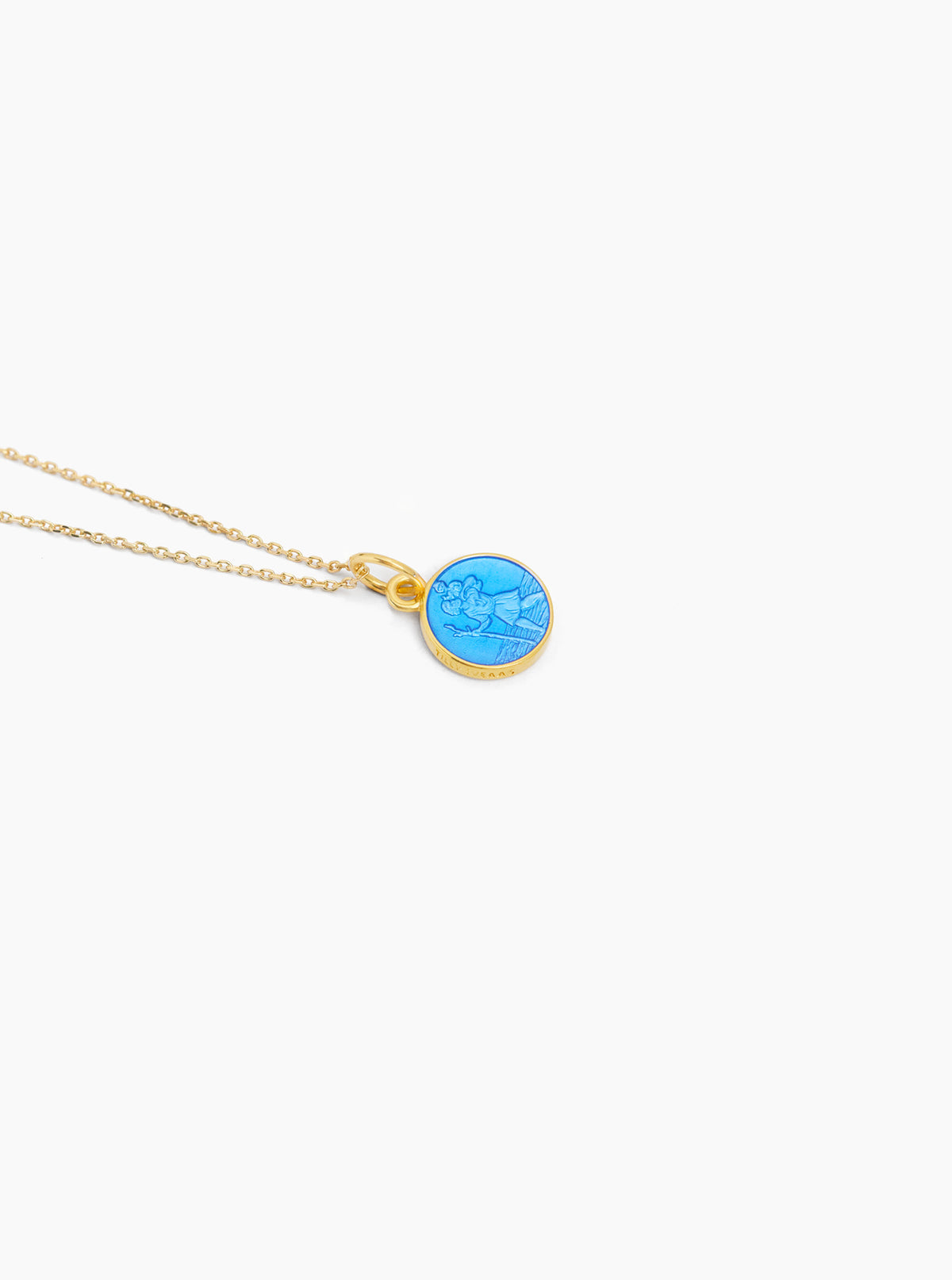 Round blue pendant necklace with thin trace chain