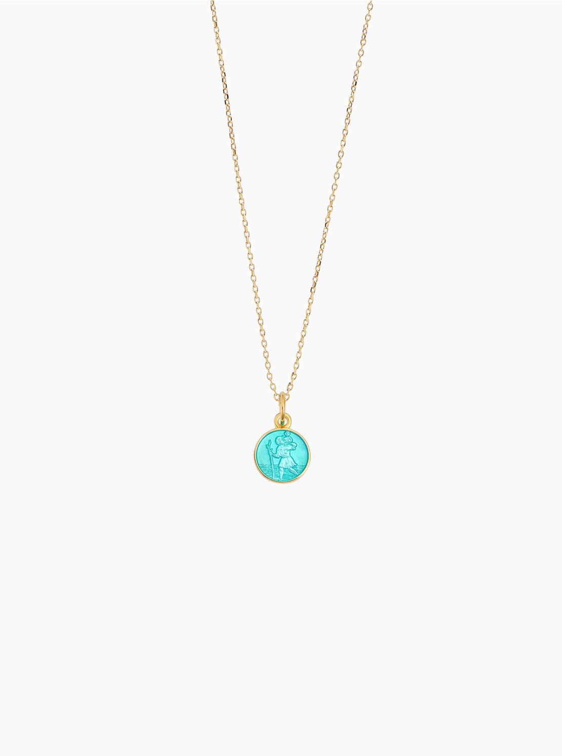 Gold trace chain necklace with turquoise circular St. Christopher pendant