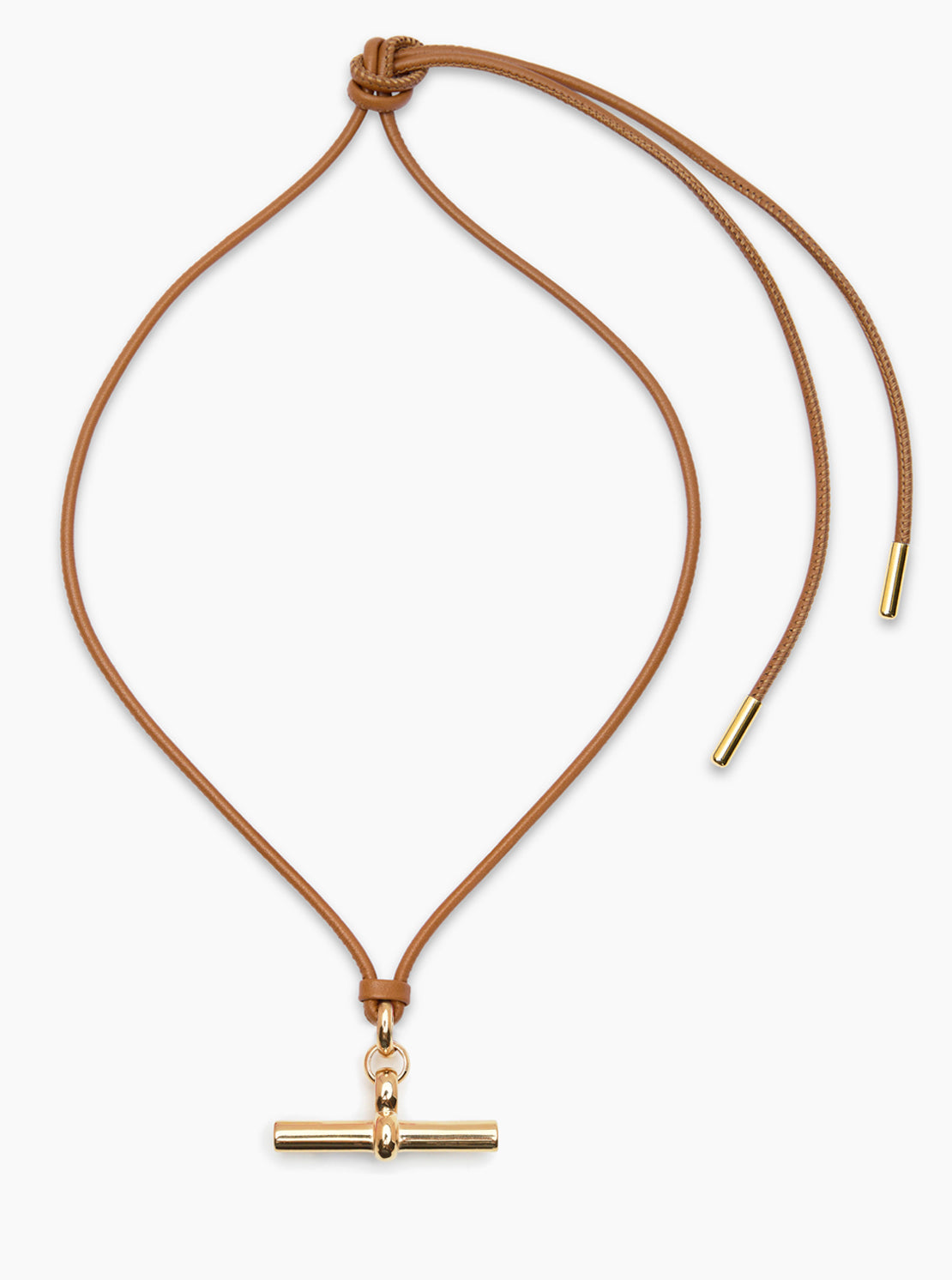 Giant Gold T-Bar on Tan Leather Necklace