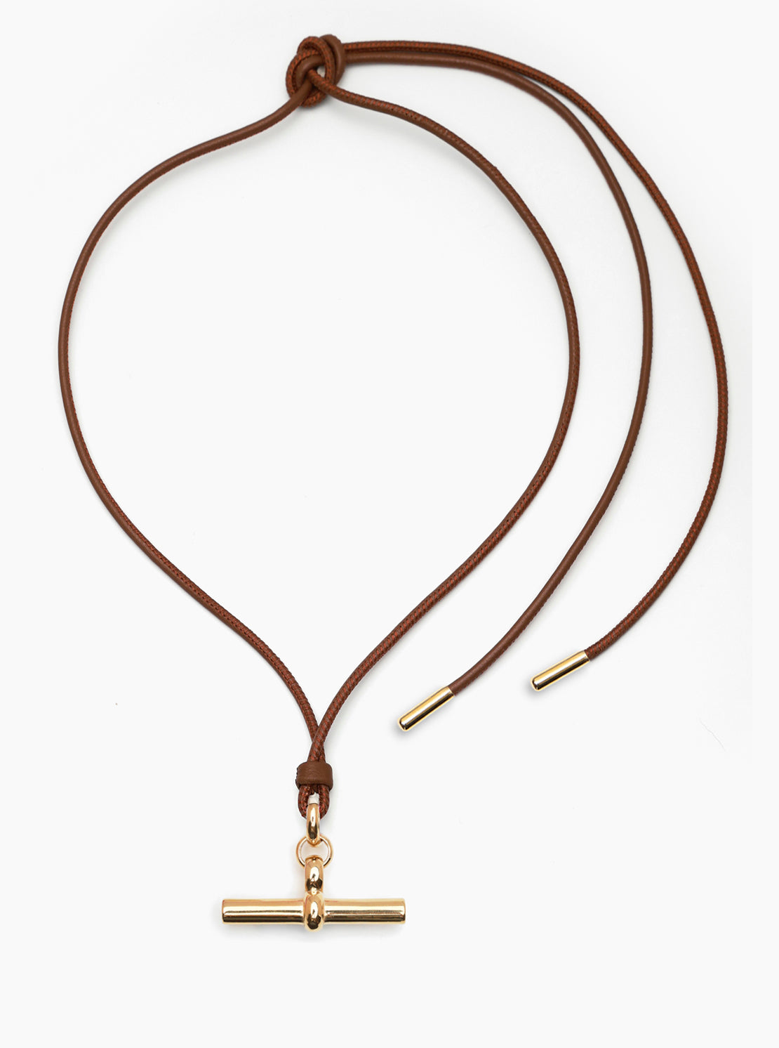 Giant Gold T-Bar on Dark Brown Leather Necklace