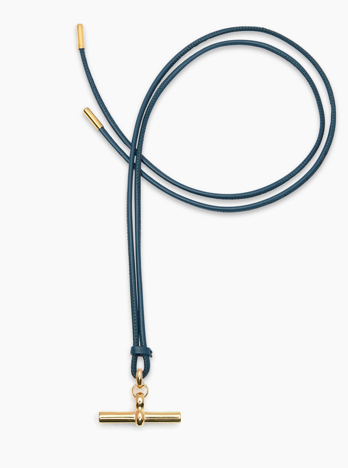 Giant Gold T-Bar on Navy Leather Necklace