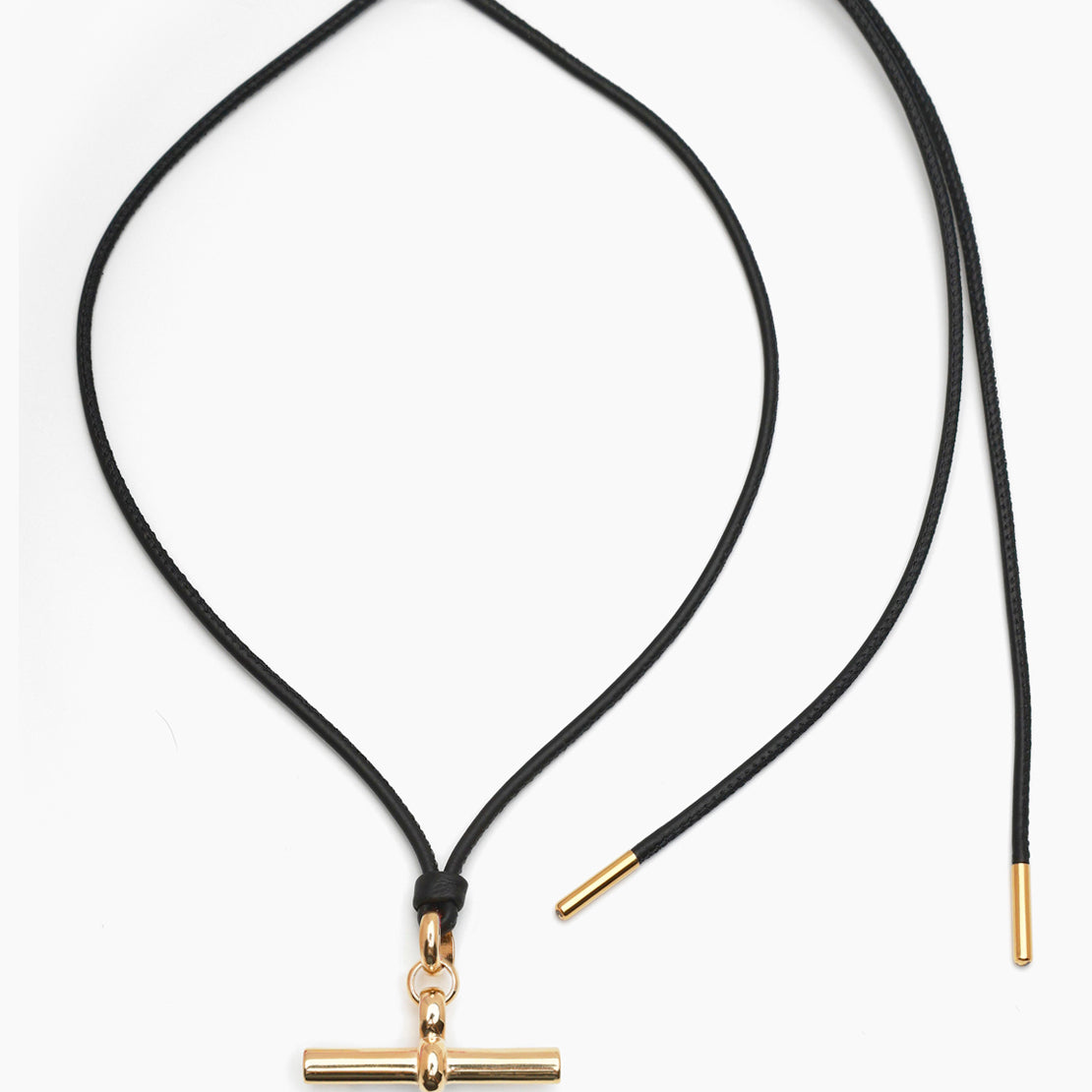 Giant Gold T-Bar on Noir Leather Necklace