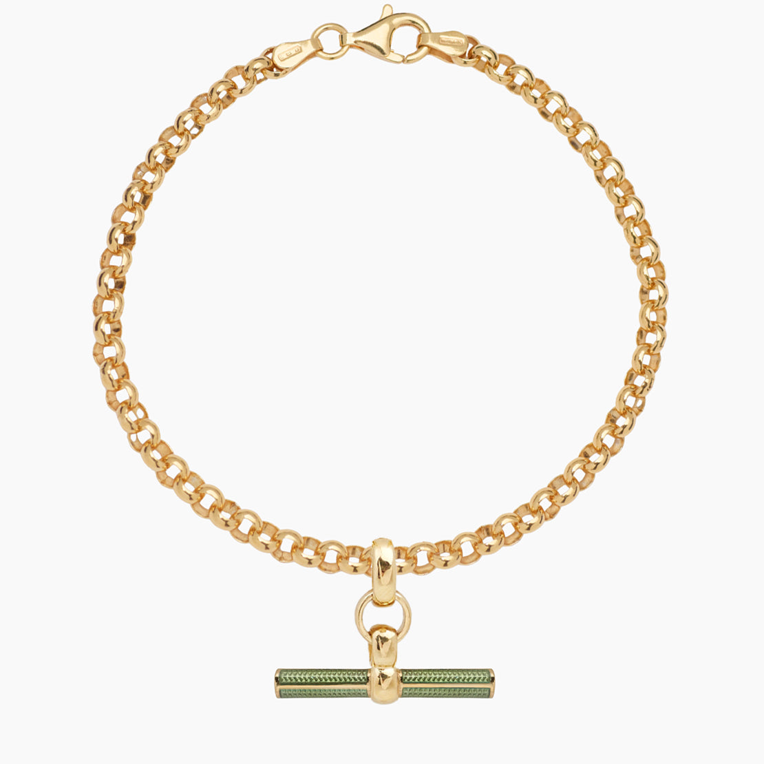 Olive Enamelled Small Gold T-bar on Belcher Bracelet