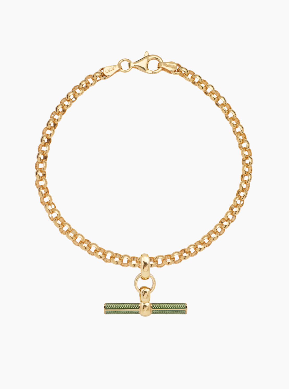 Olive Enamelled Small Gold T-bar on Belcher Bracelet