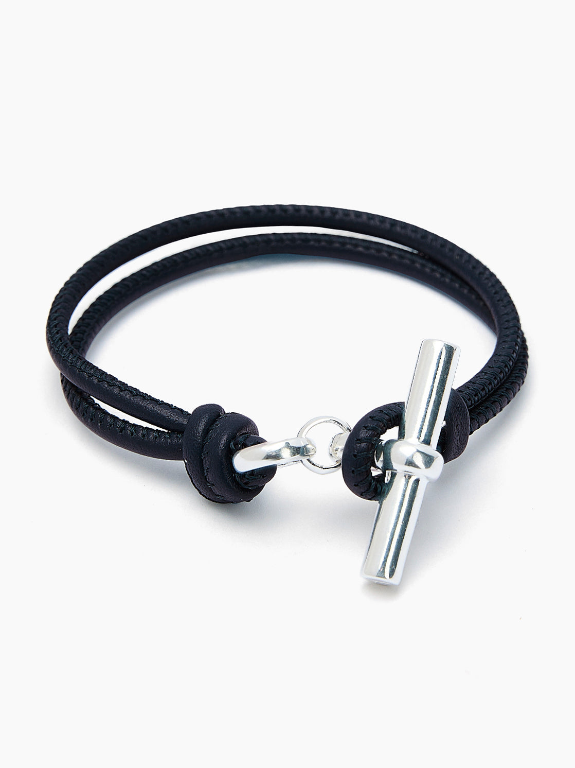 Silver T-Bar on Noir Leather Bracelet