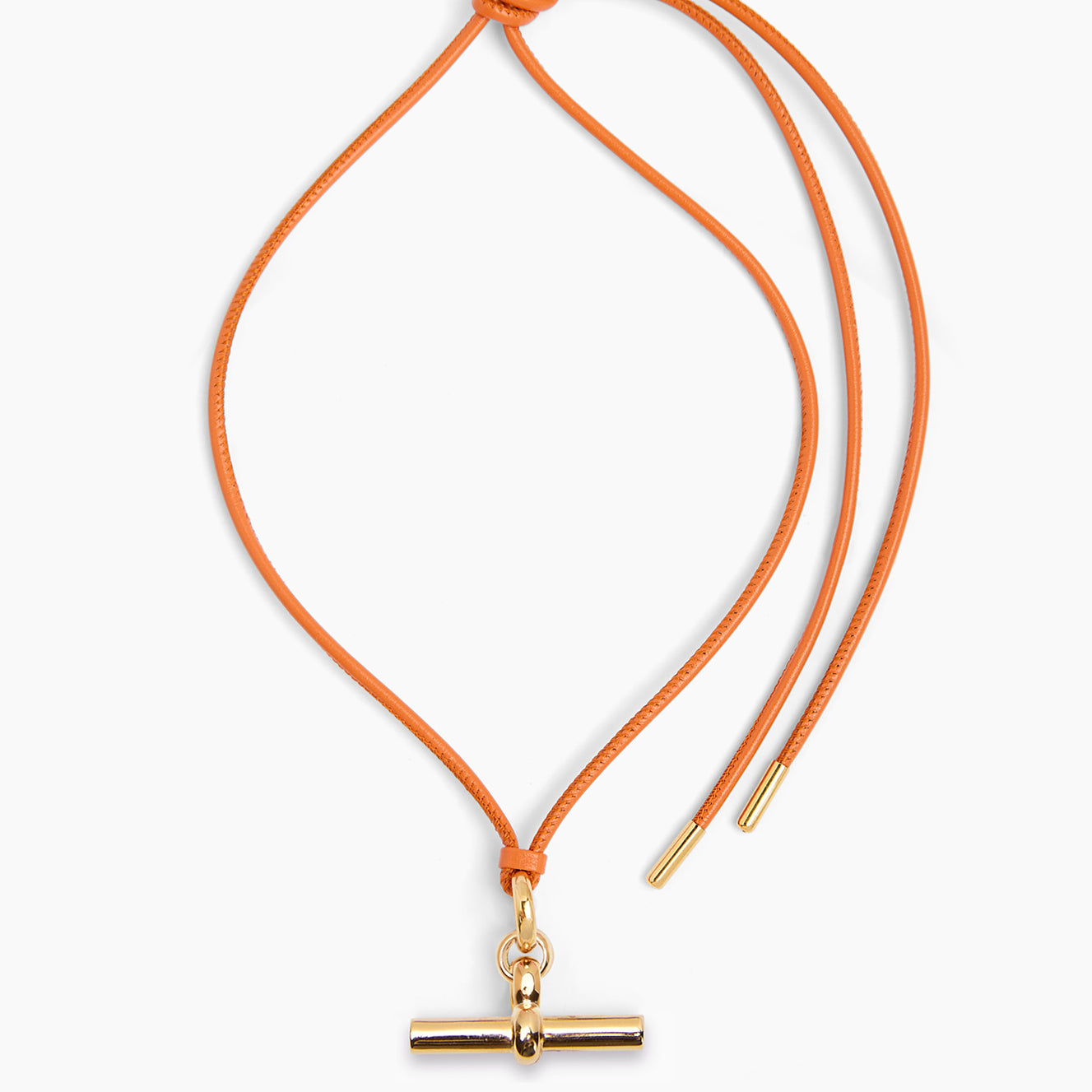 Medium Gold T-Bar on Orange Leather Necklace