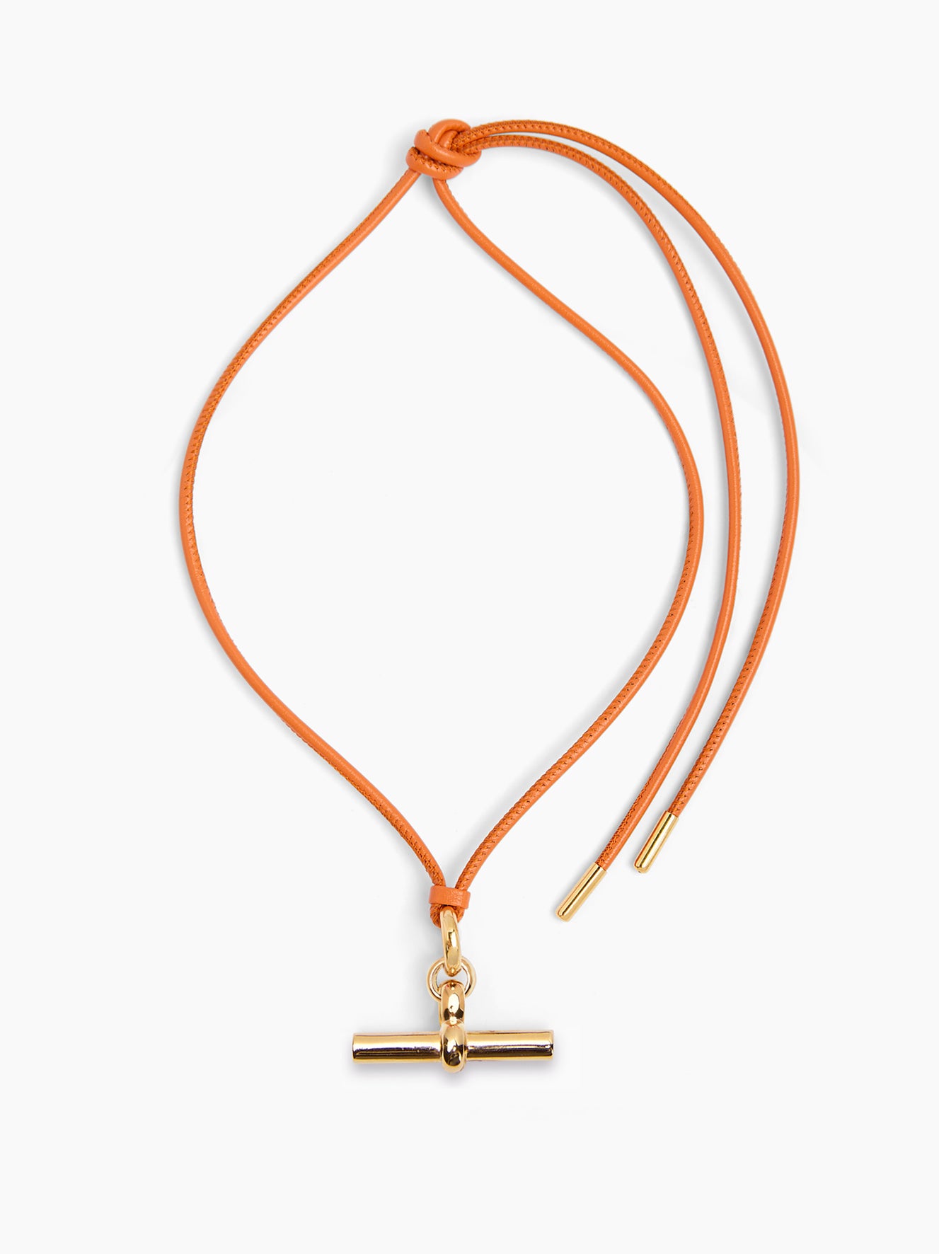 Orange leather T-bar necklace with tied cords and medium gold pendant