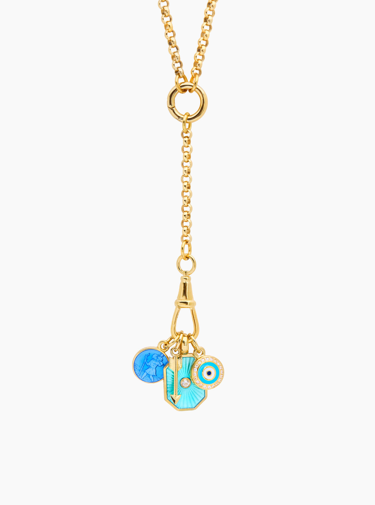 Gold-tone long necklace with blue evil-eye charm, ring and dangle pendant
