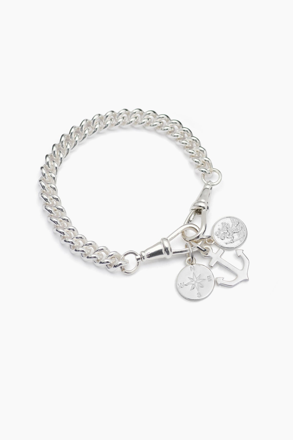 Silver charm bracelet with anchor and coin charms, linked chain
