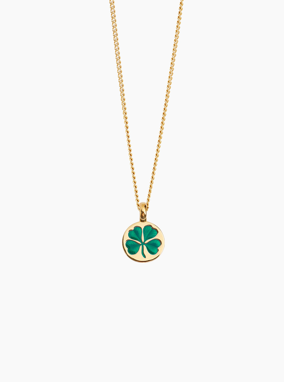 Gold clover pendant necklace with green enamel on fine curb chain