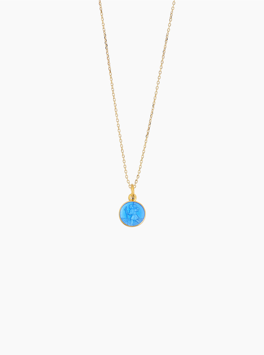 Blue St Christopher medallion pendant necklace with gold trace chain