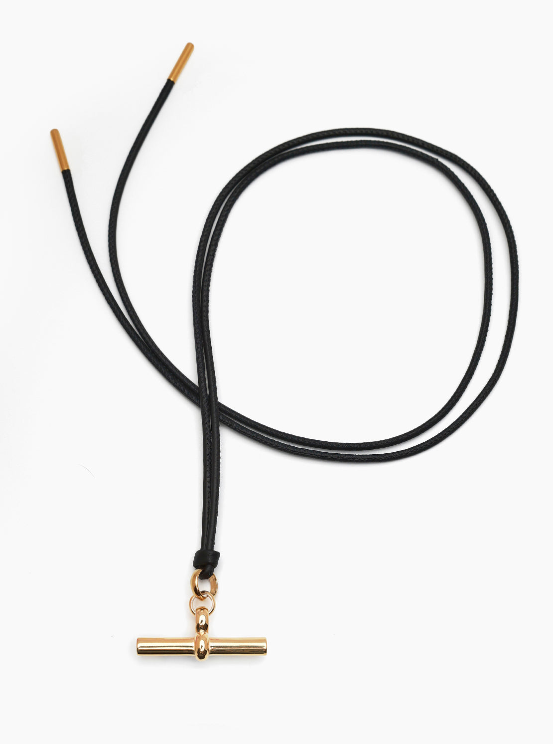 Giant Gold T-Bar on Noir Leather Necklace