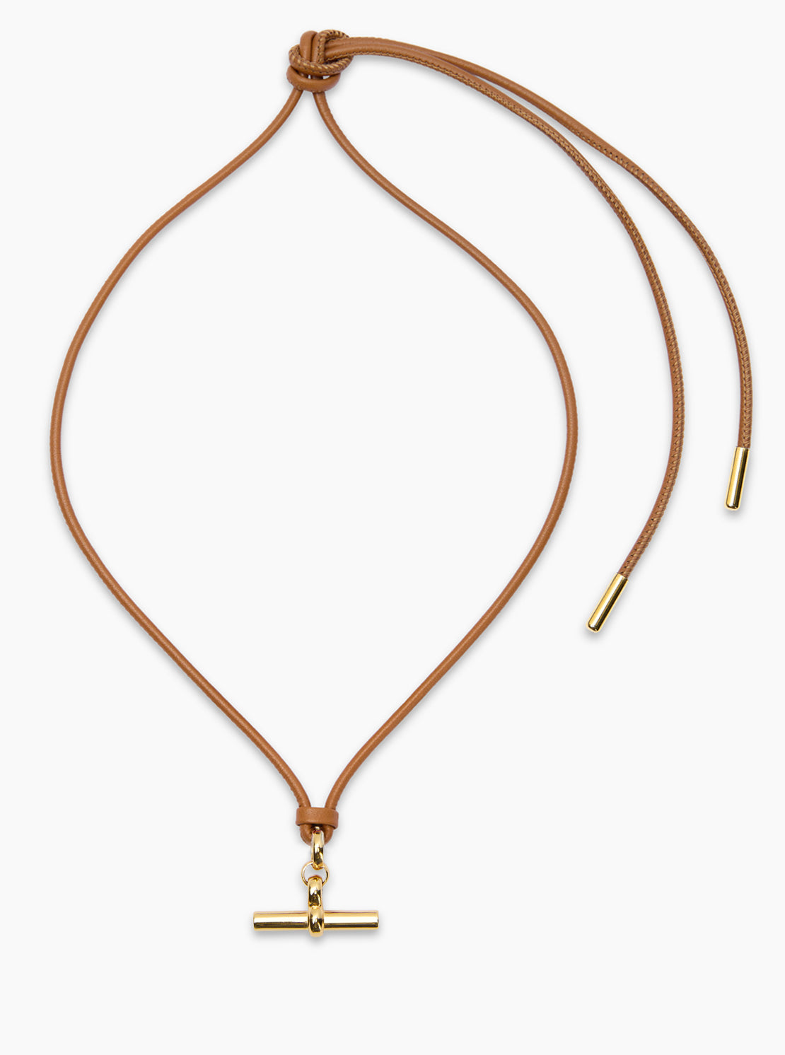 Medium Gold T-Bar on Tan Leather Necklace