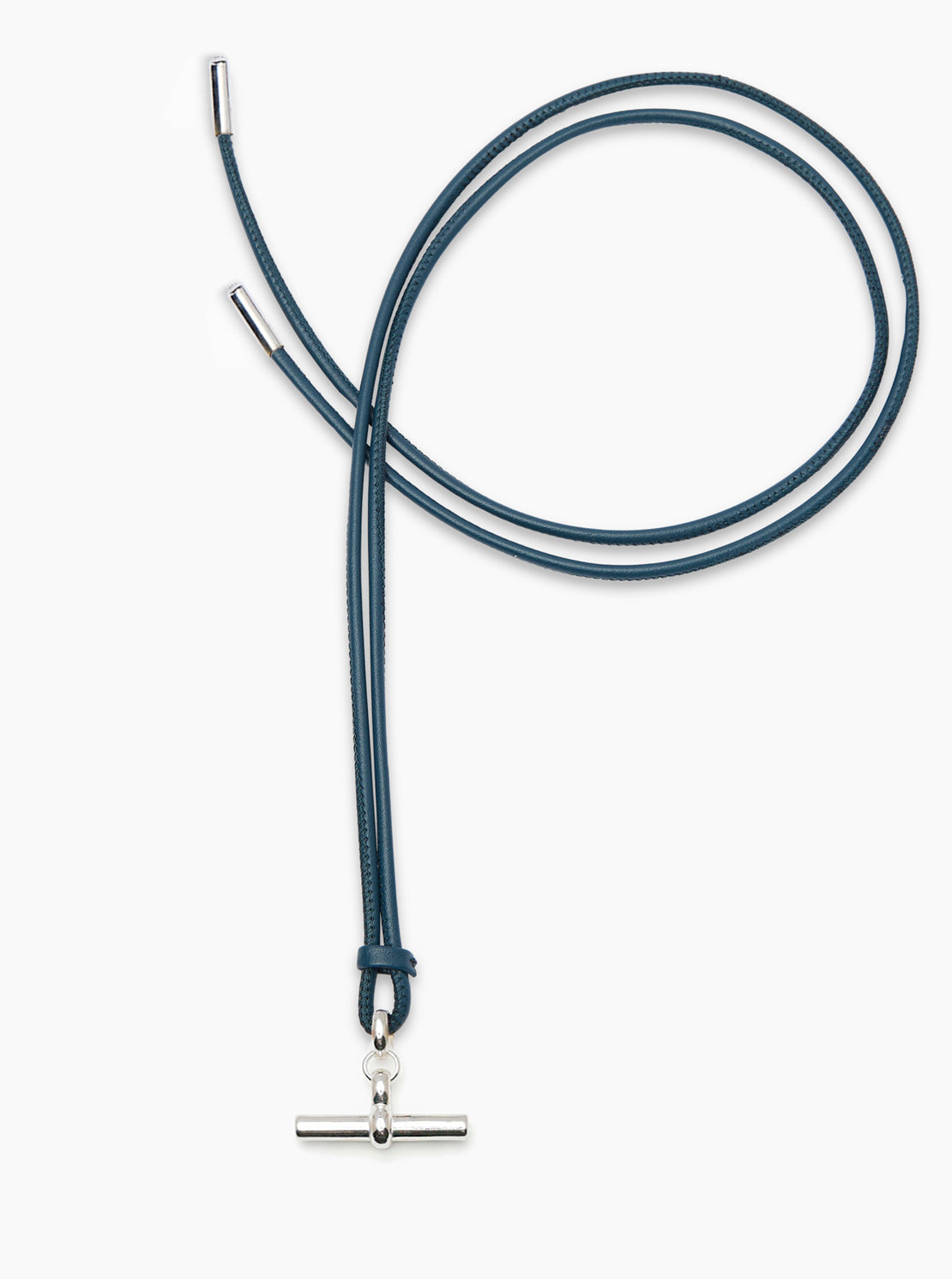 Medium Silver T-Bar on Navy Leather Necklace