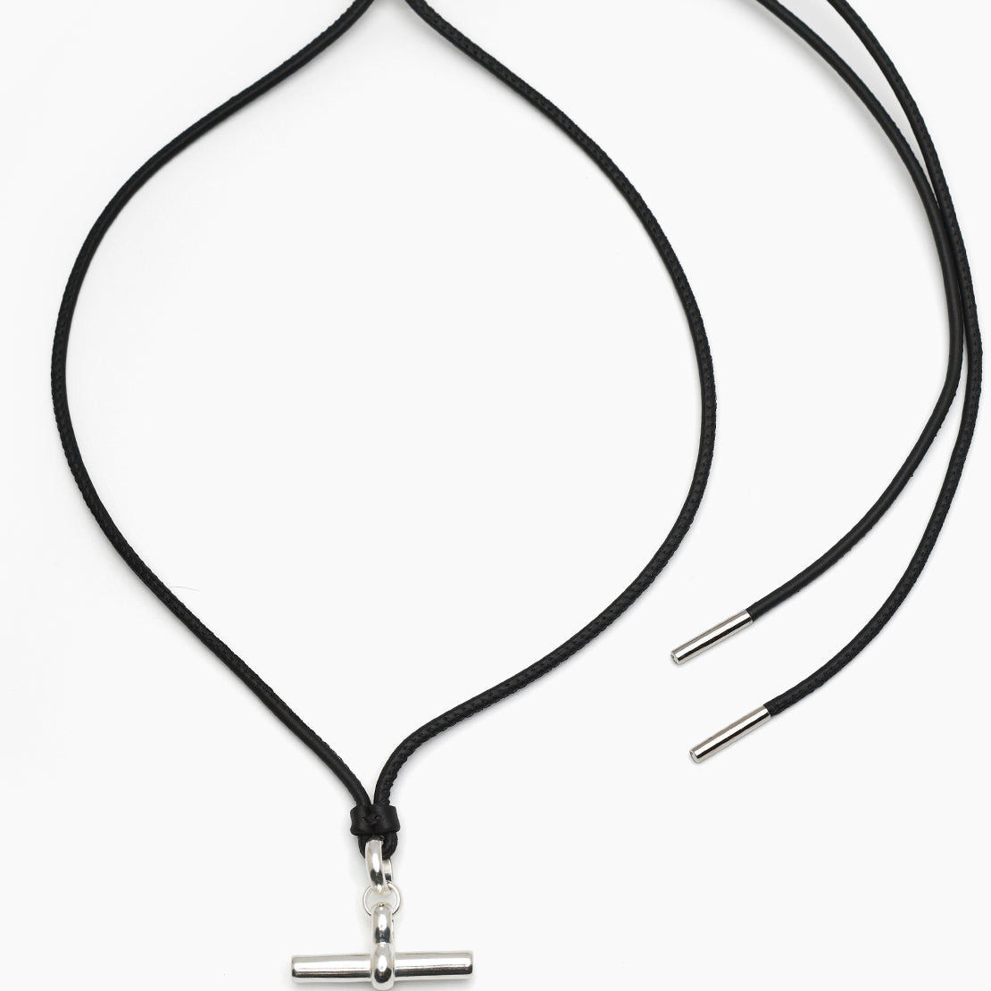 Medium Silver T-Bar on Noir Leather Necklace