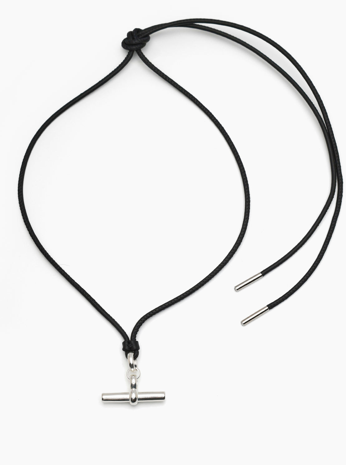 Medium Silver T-Bar on Noir Leather Necklace