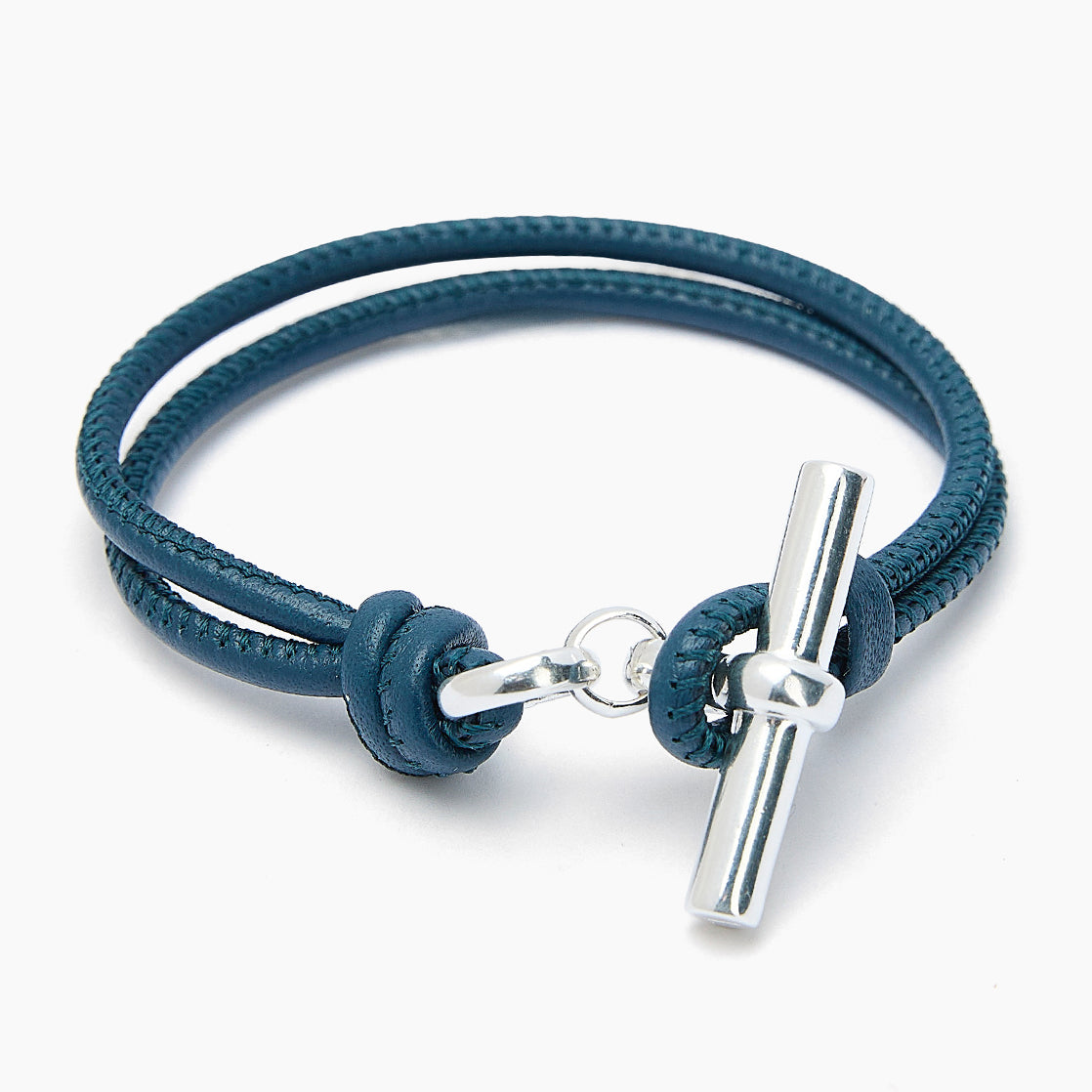 Silver T-Bar on Navy Leather Bracelet