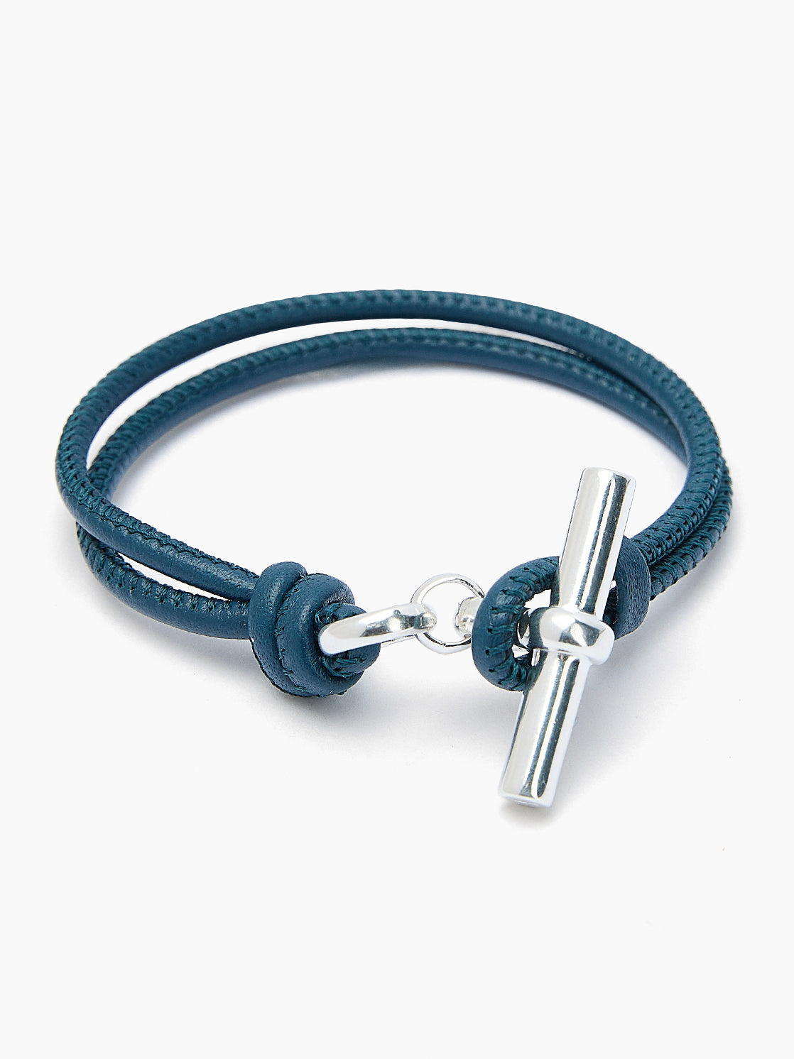 Silver T-Bar on Navy Leather Bracelet