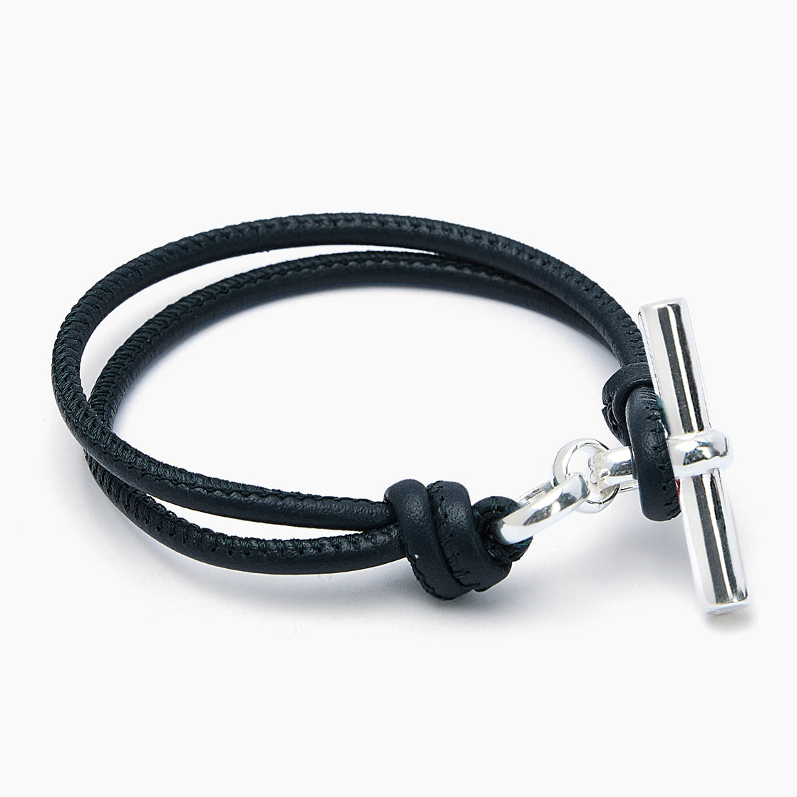Silver T-Bar on Noir Leather Bracelet