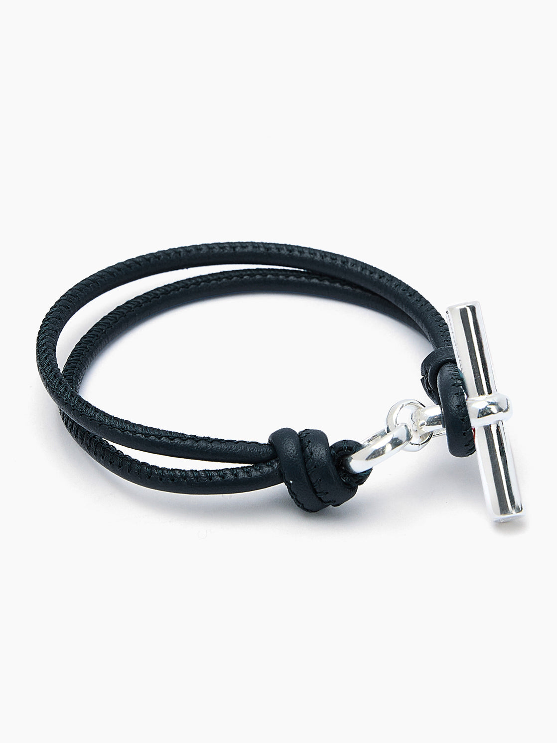 Silver T-Bar on Noir Leather Bracelet
