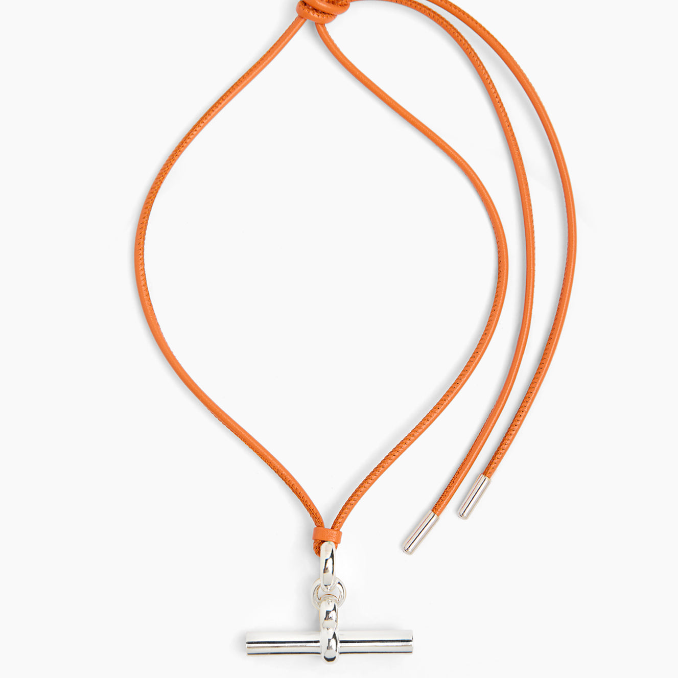 Giant Silver T-Bar on Orange Leather Necklace