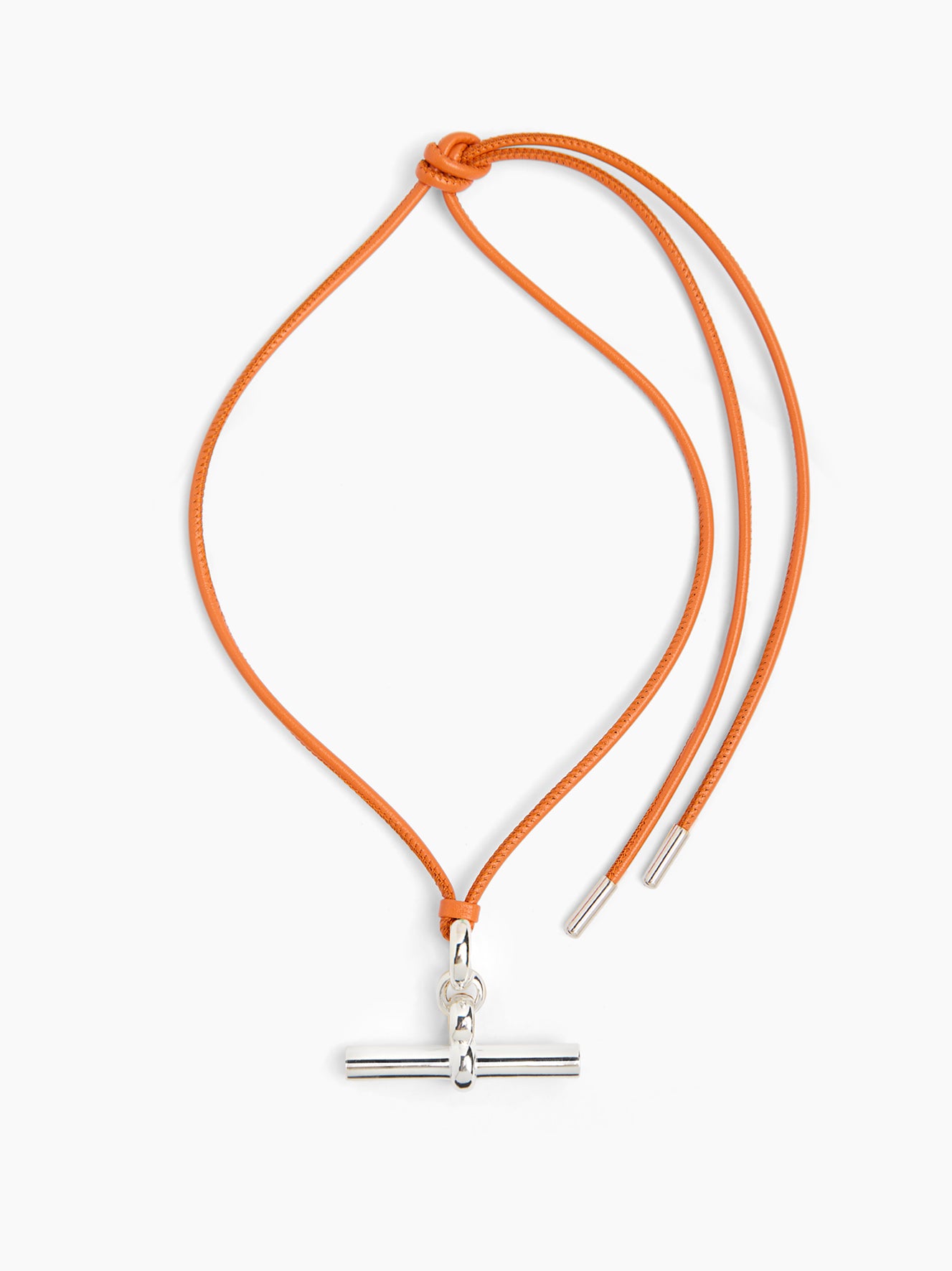 Orange leather necklace with giant silver T-bar clasp and adjustable cord